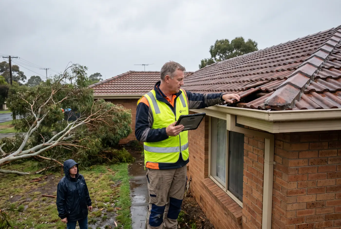 A claims assessor with a tablet inspecting storm damage on the roofline of a suburban Australian brick house after rain