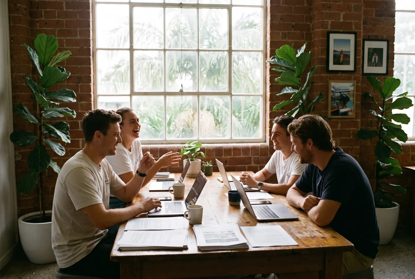 Four people working around a plain table with laptops beside a large window in a Brisbane office