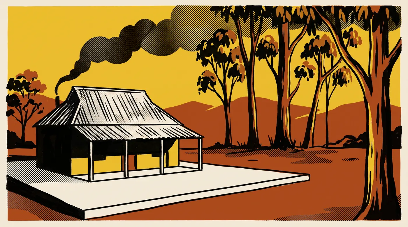 Flat screen-printed poster of a rural house with a corrugated iron roof among gum trees under an ochre smoke sky