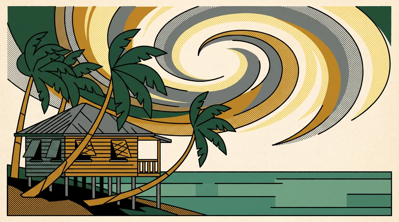 Flat screen-printed poster of palms and a raised timber house with cyclone shutters bending in wind beside a spiral cloud band