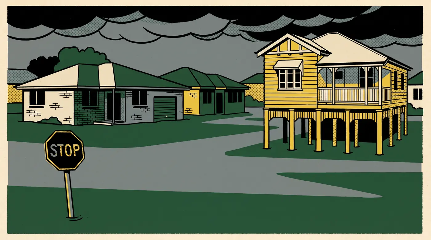 Flat screen-printed poster of a Queenslander raised on stumps beside low brick houses under a storm sky