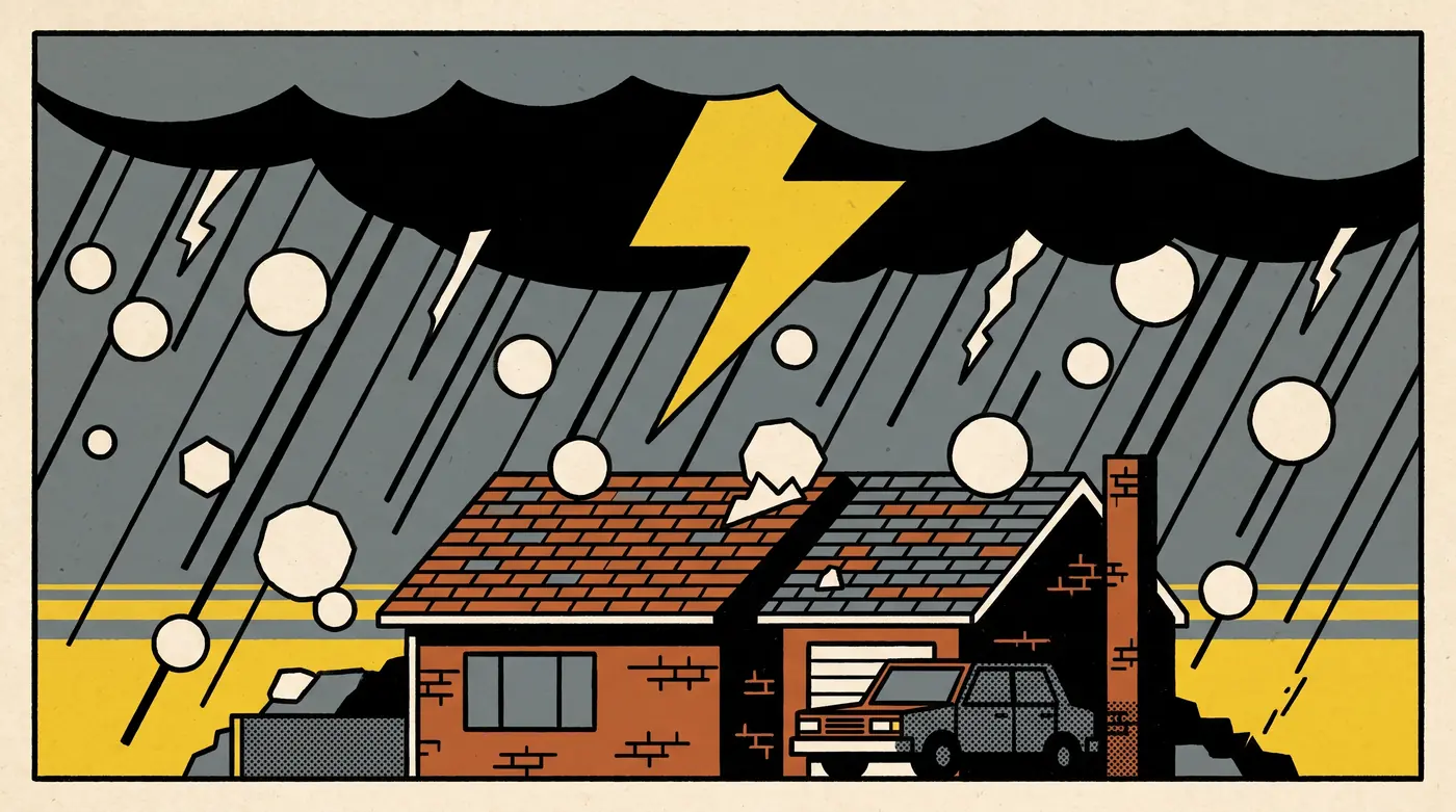 Flat screen-printed poster of hail falling in hard diagonal lines onto a suburban roof and a parked car